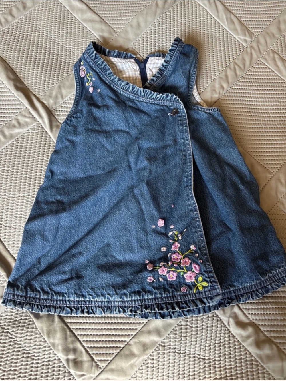 Faded Glory Blue Denim Girls' Sleeveless Dress with Pink Floral Embroidery